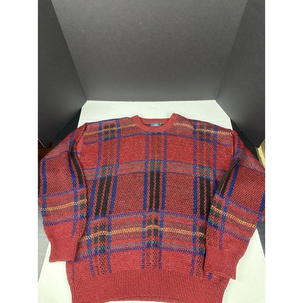 Vintage Jantzen Sweater Mens XL Red Plaid Pullover Crewneck Made USA 80's